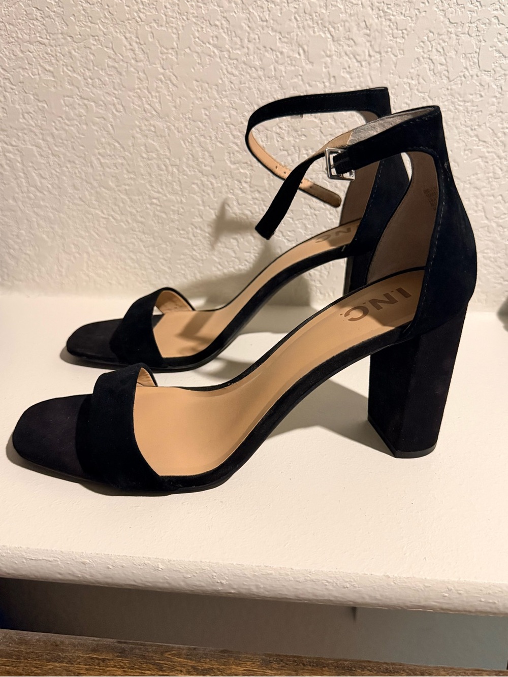 INC International Concepts Black Suede Block Heel Ankle Strap Sandals